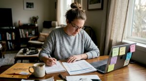Woman reviewing credit report at kitchen table