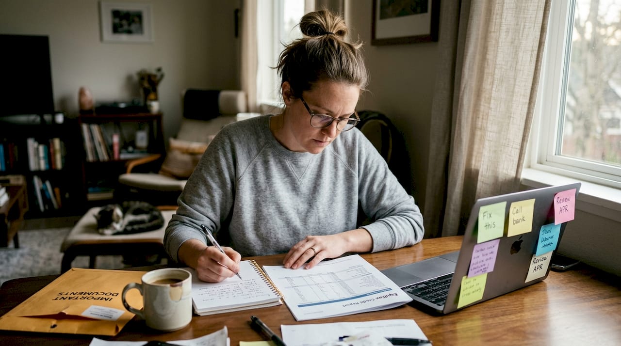 Woman reviewing credit report at kitchen table