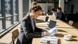 Business owner reviewing credit paperwork in coworking space