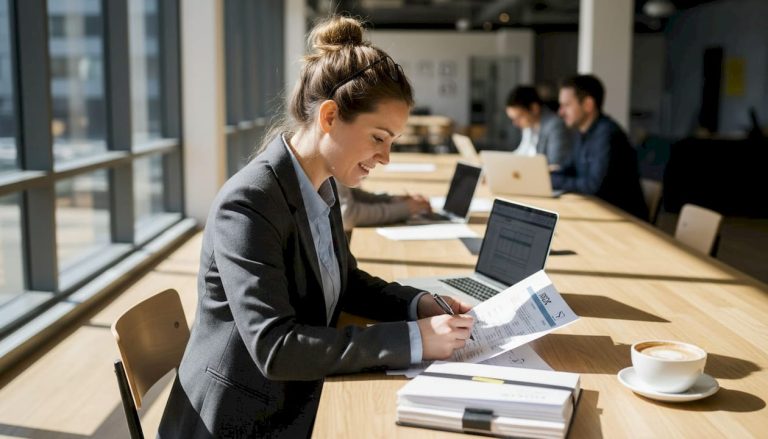 Business owner reviewing credit paperwork in coworking space