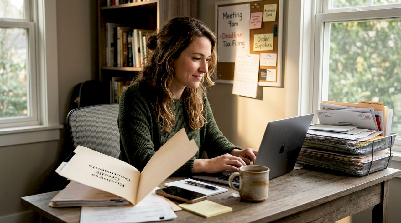 Business owner reviewing credit at home desk