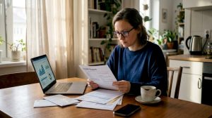 Woman reviewing credit report at home