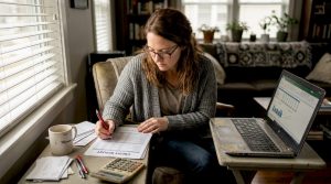 Woman reviewing credit report at desk