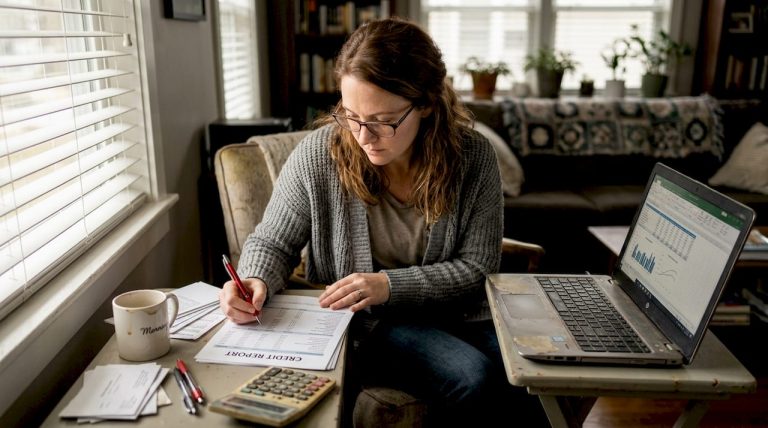 Woman reviewing credit report at desk
