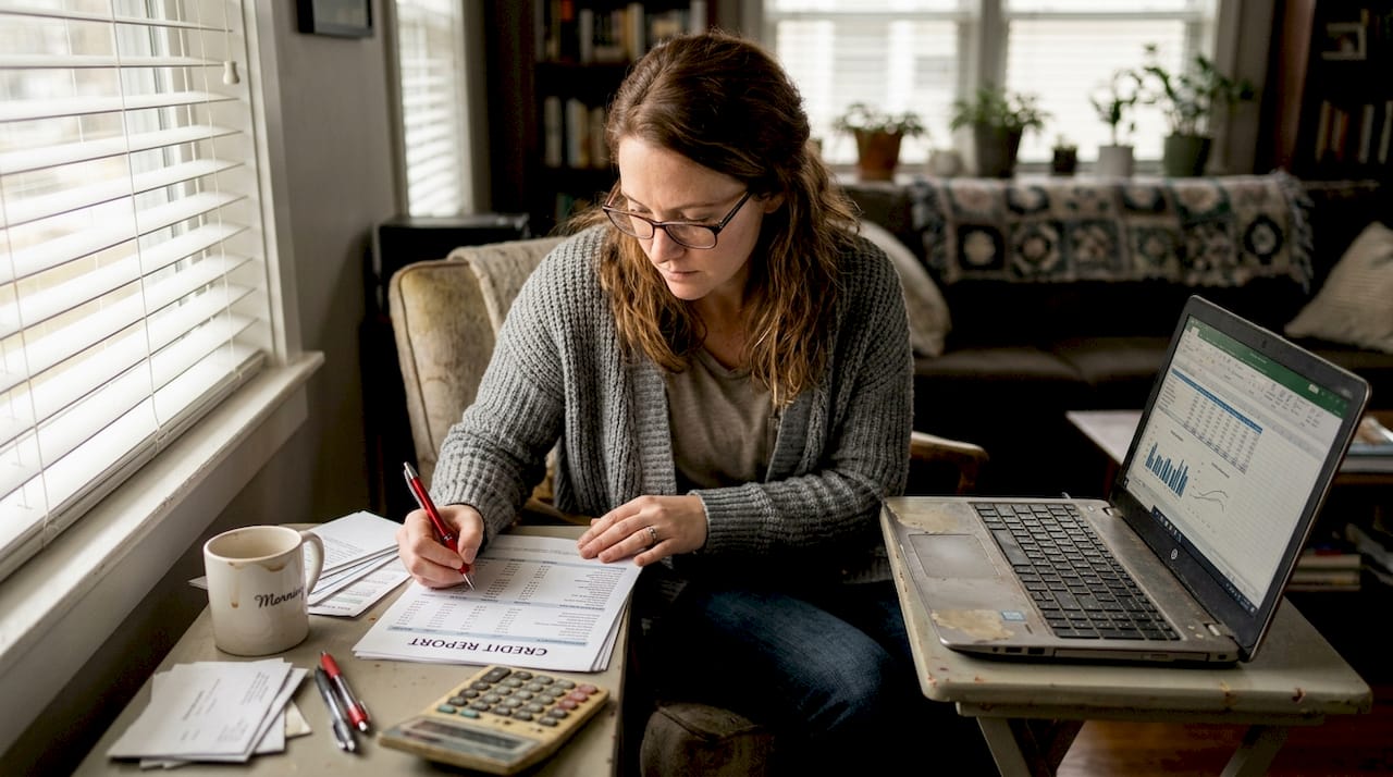 Woman reviewing credit report at desk
