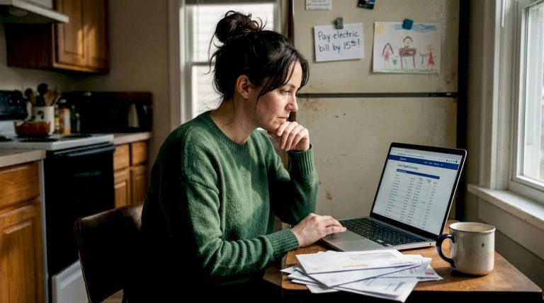 Woman checking credit score at home kitchen desk