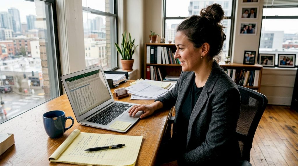 Business owner reviewing credit on office laptop