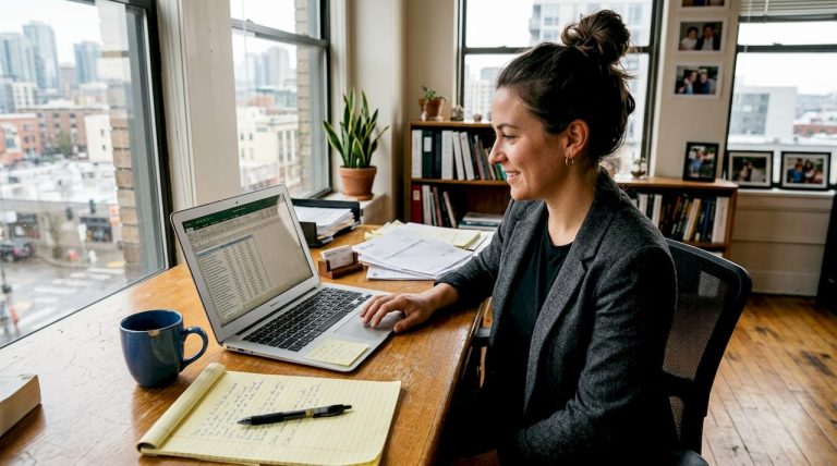 Business owner reviewing credit on office laptop