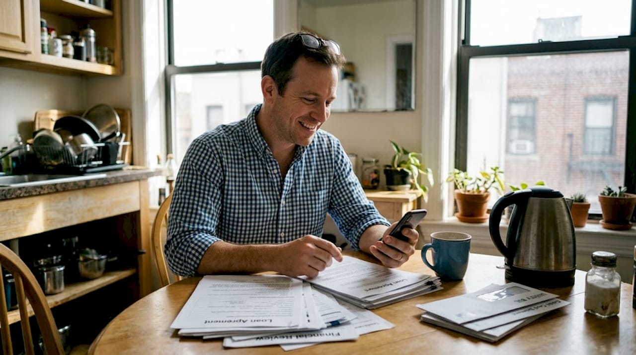 Man reviewing loan documents in kitchen