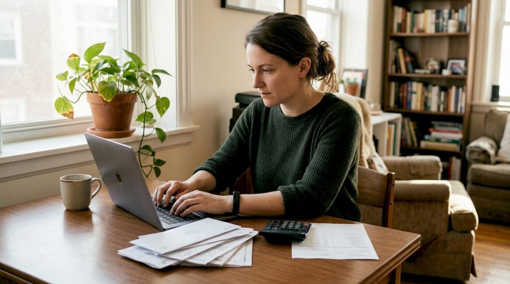 Woman pays bills at home table with laptop