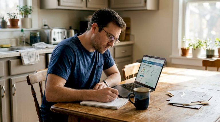 Man reviewing credit report at kitchen table