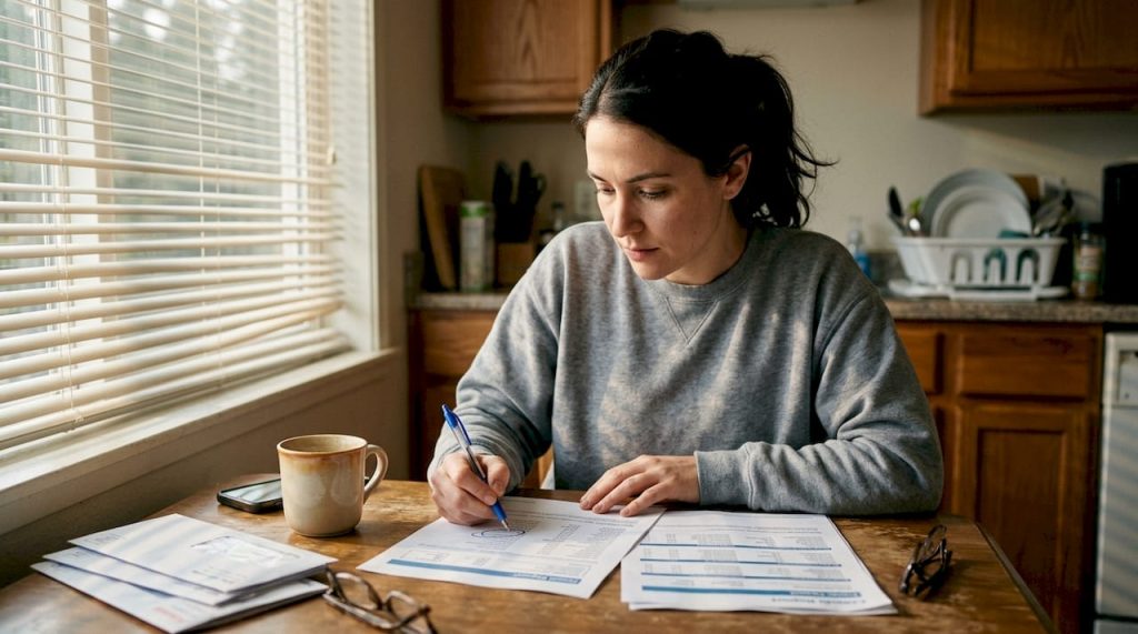 Woman reviewing credit report at kitchen table