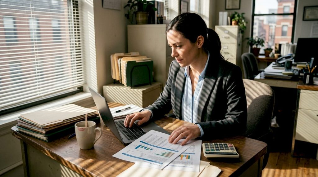 Woman reviewing credit report at office desk