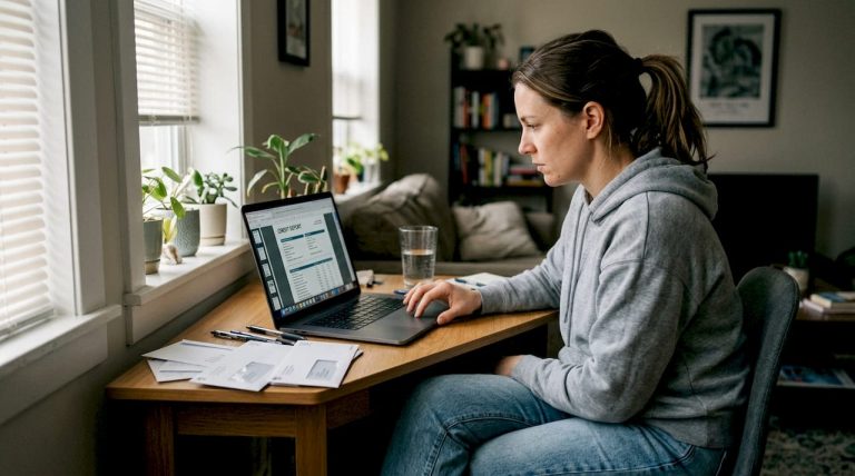 Woman reviewing credit report at home desk