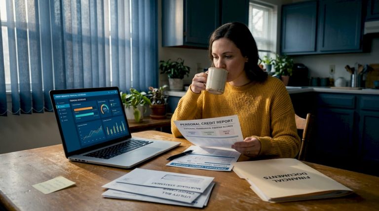 Woman reviewing credit report at kitchen table