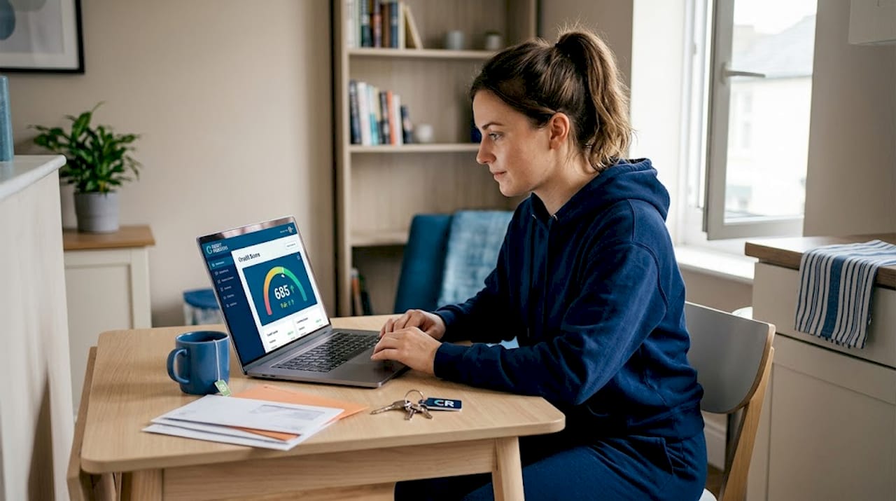 Young woman checking credit score on laptop