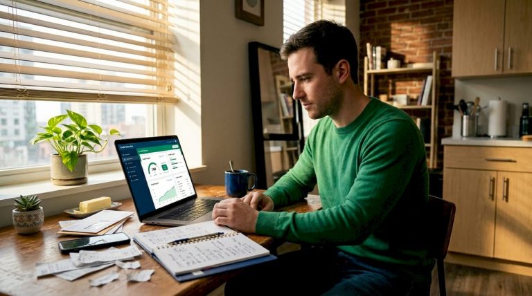 Person reviewing credit report at kitchen table