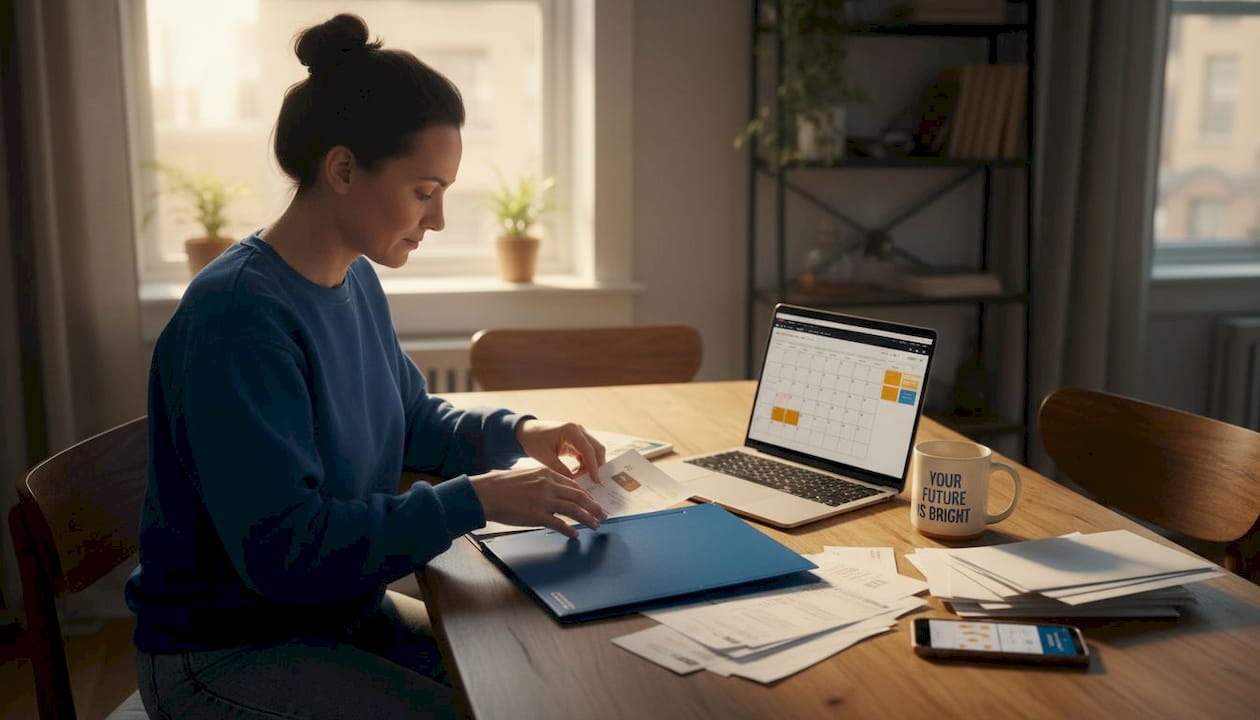 Woman sorting credit paperwork at dining table