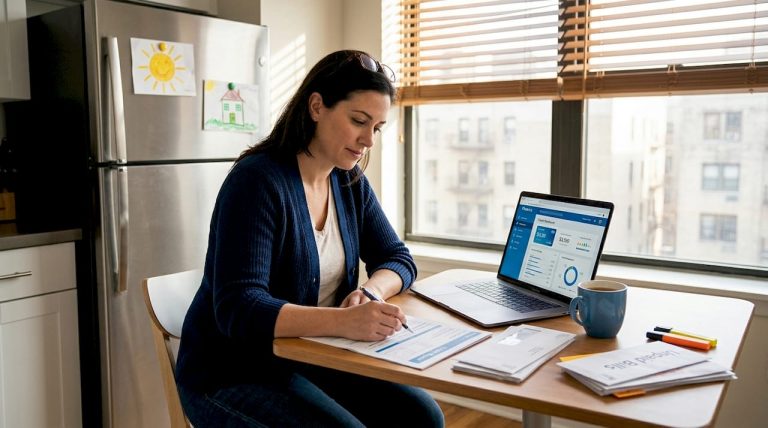 Woman reviewing credit report at kitchen table