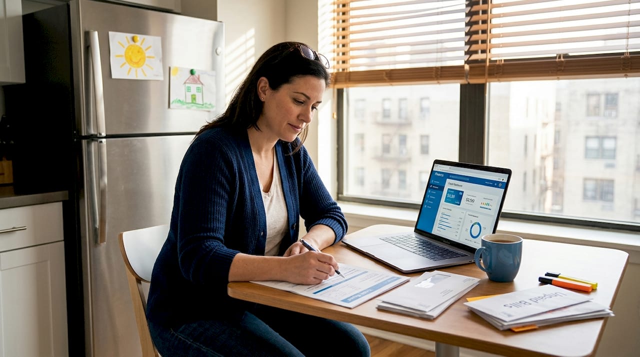 Woman reviewing credit report at kitchen table