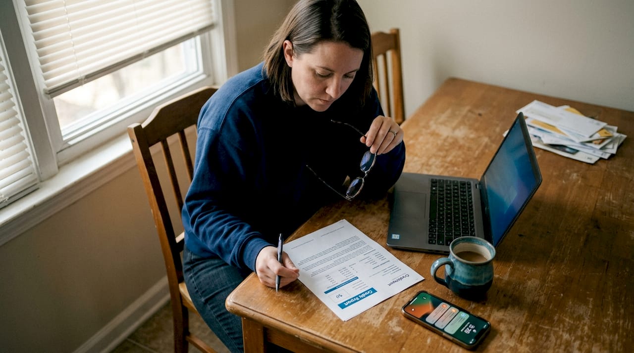 Woman reviewing printed credit report at kitchen table