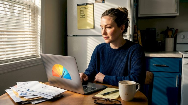 Woman checking credit score on kitchen laptop