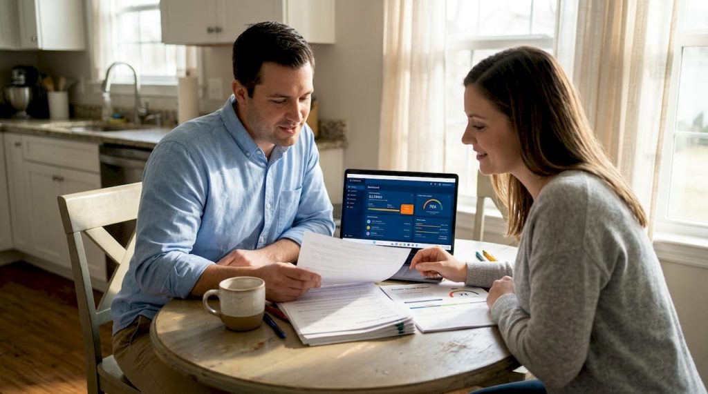 Couple reviews credit report for home buying