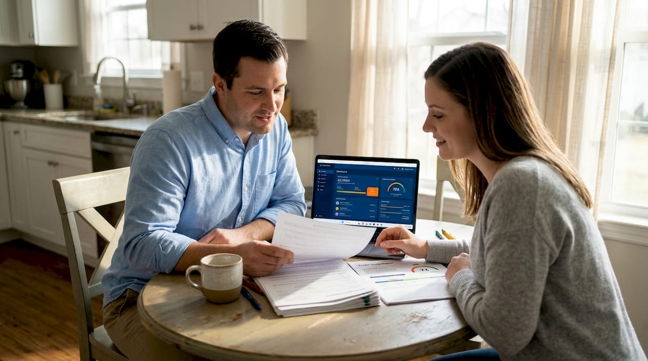 Couple reviews credit report for home buying