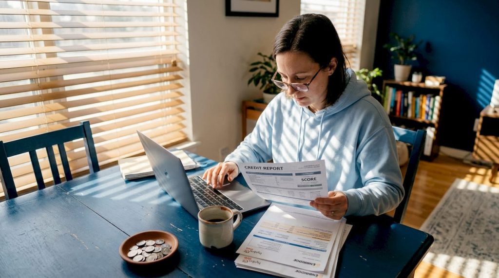 Woman checking her credit report at home