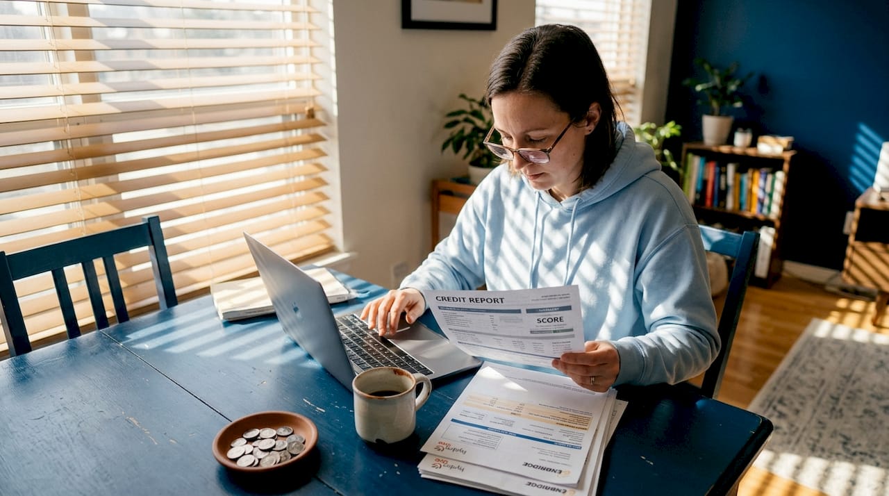 Woman checking her credit report at home