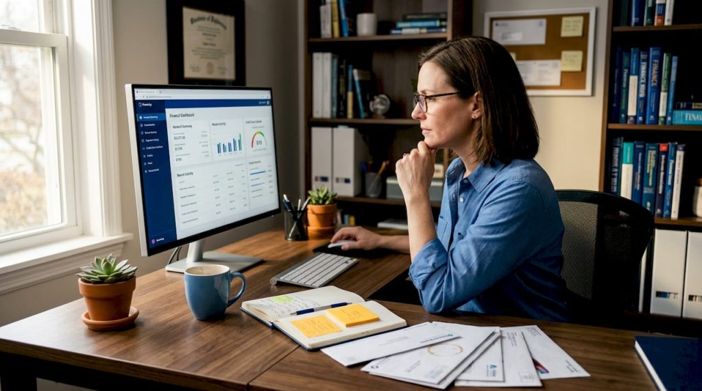 Woman checking credit statement in home office