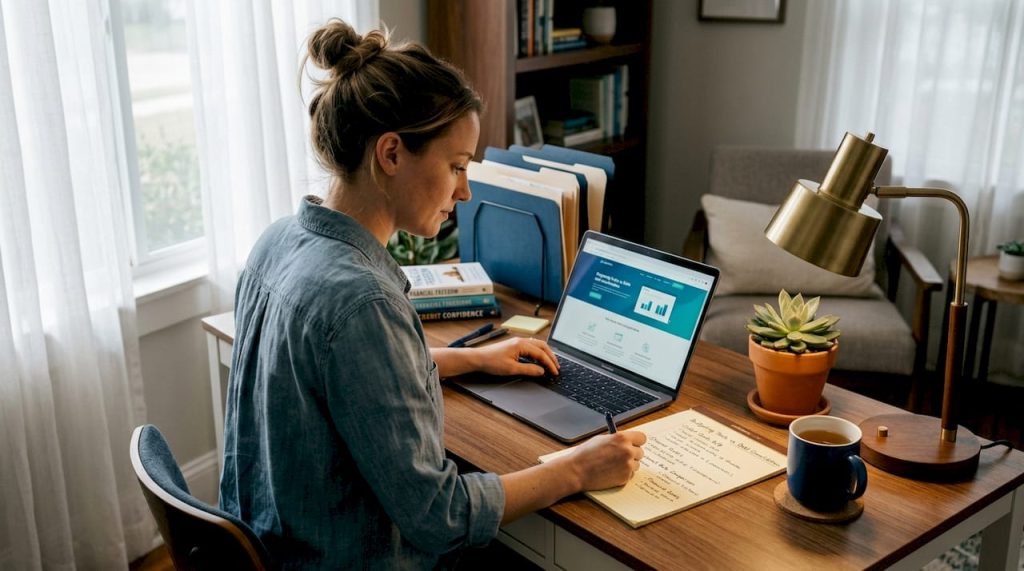 Person researching credit repair services at home