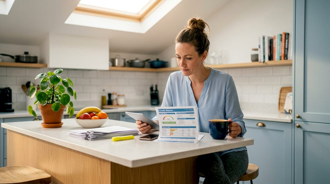 Woman checking credit report at home table