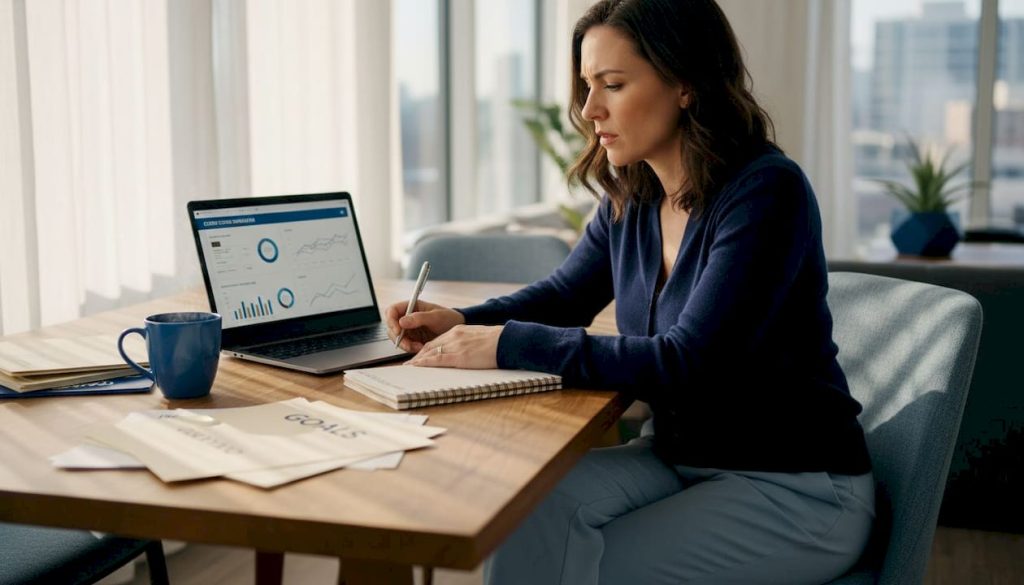 Woman multitasking on credit repair at home workspace