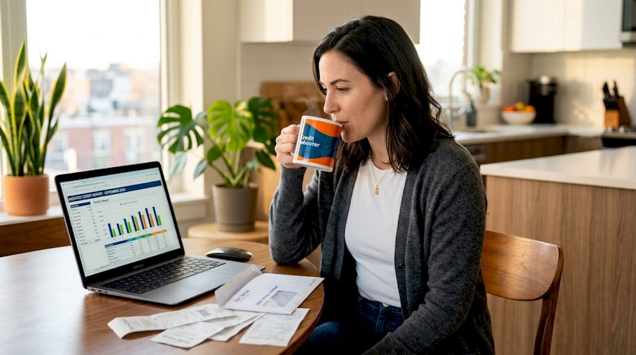 Woman reviewing credit report at home table