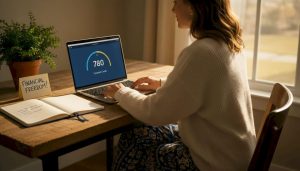 Woman checking credit score on laptop at home