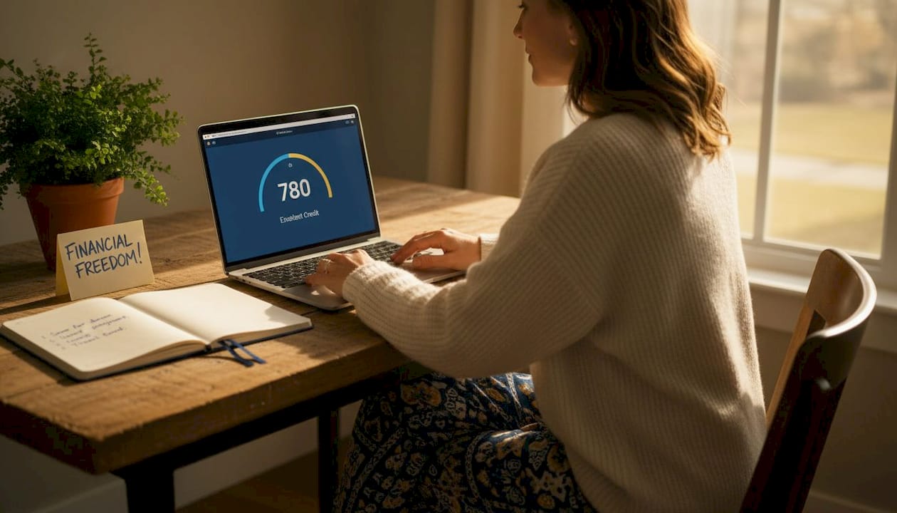 Woman checking credit score on laptop at home