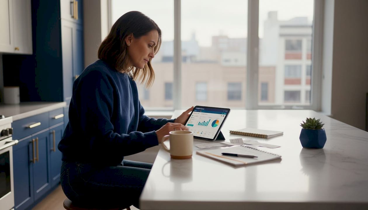 Woman checking credit report at home kitchen counter
