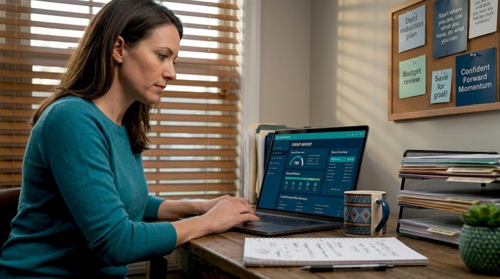 Woman reviewing credit report at home desk