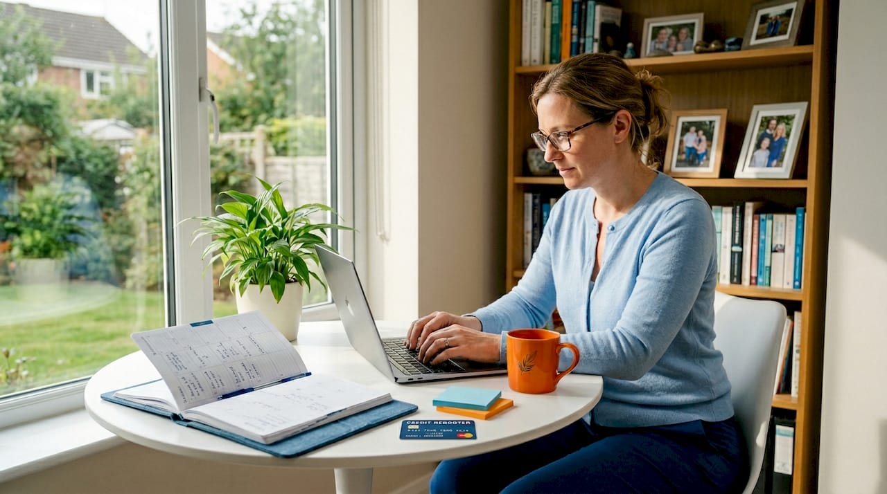 Small business owner manages credit cards at desk