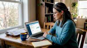 Woman reviewing credit report at kitchen table