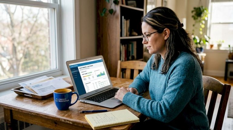 Woman reviewing credit report at kitchen table