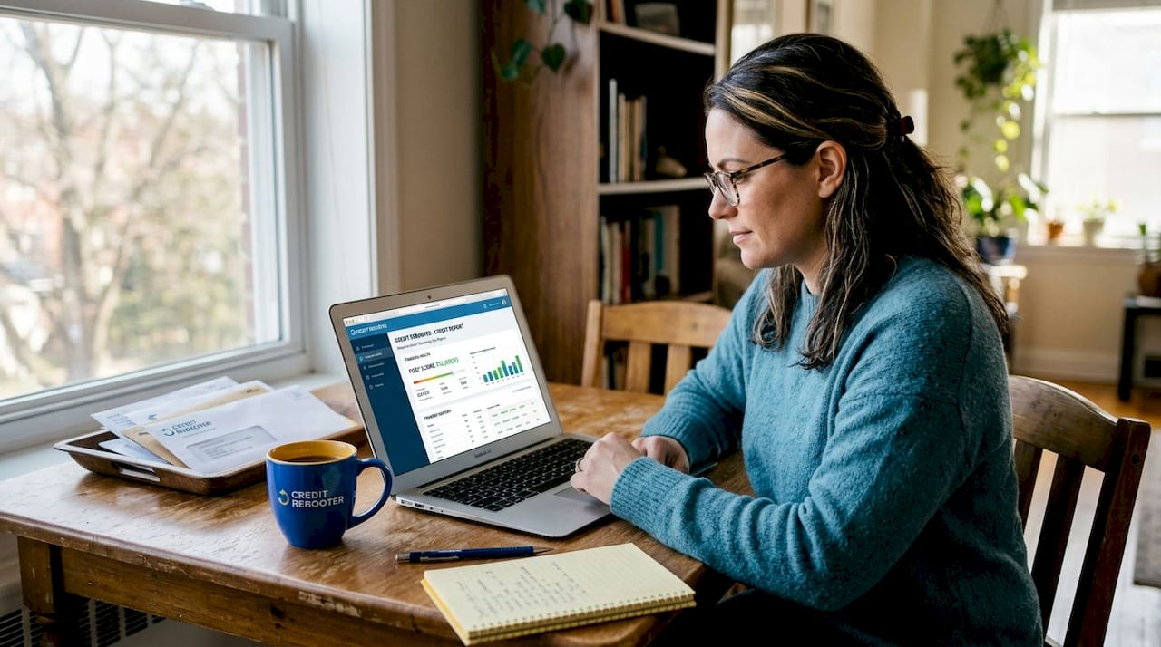 Woman reviewing credit report at kitchen table