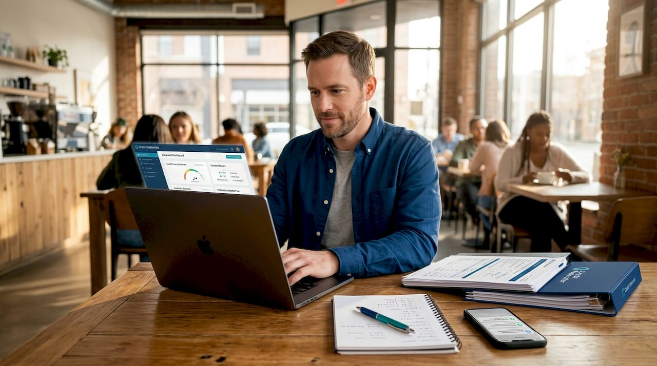 Man reviewing credit report at kitchen table